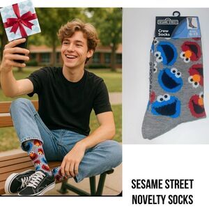 Sesame Street Elmo & Cookie Monster Gray Crew Socks Unisex One Size